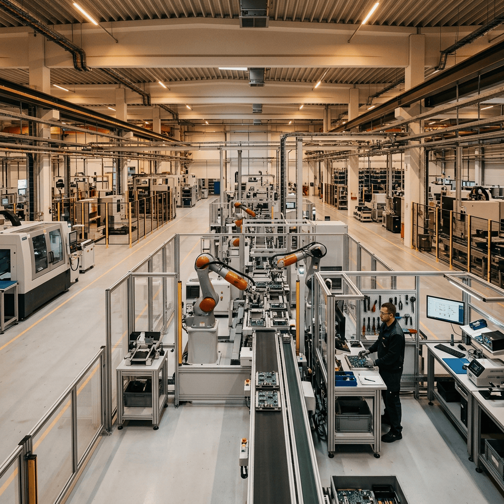 Robotic arms and technician operating an electronics assembly line